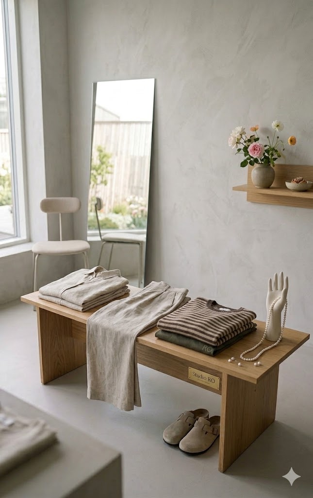 Scandinavian style — minimalist clothing on wooden bench