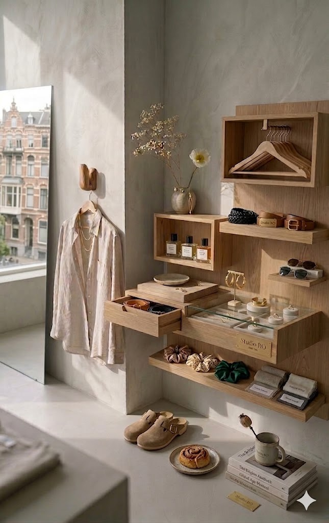 Minimalist gold jewellery arranged on a light background