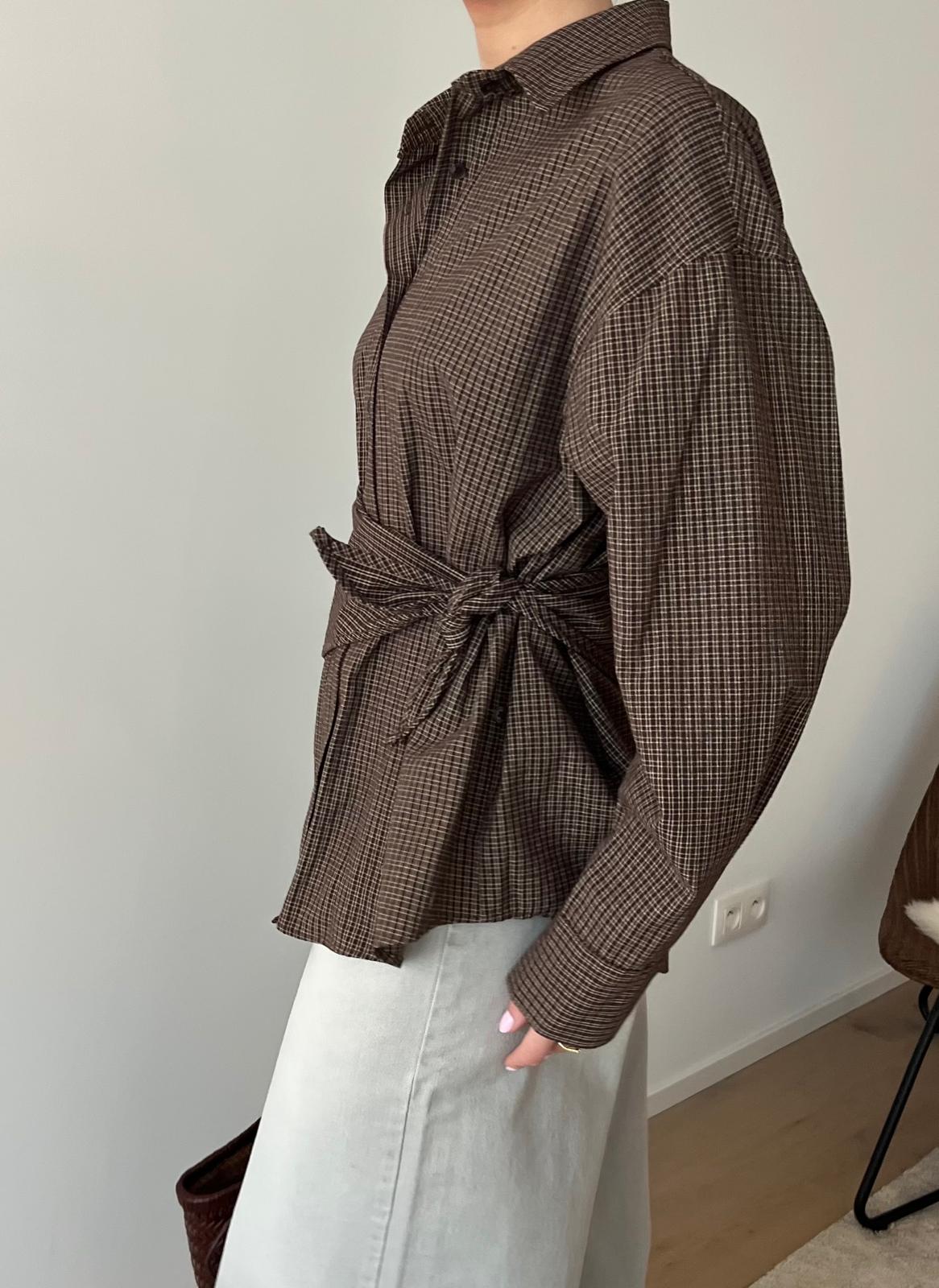 Brown checked blouse with scarf